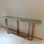 Teal Green Stone Console Table with Parallel Tubular Rose Gold Metal Base